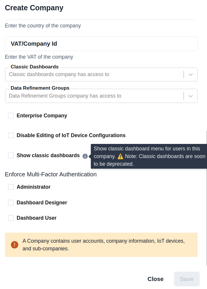 Hide or show Classic Dashboard checkbox on create company