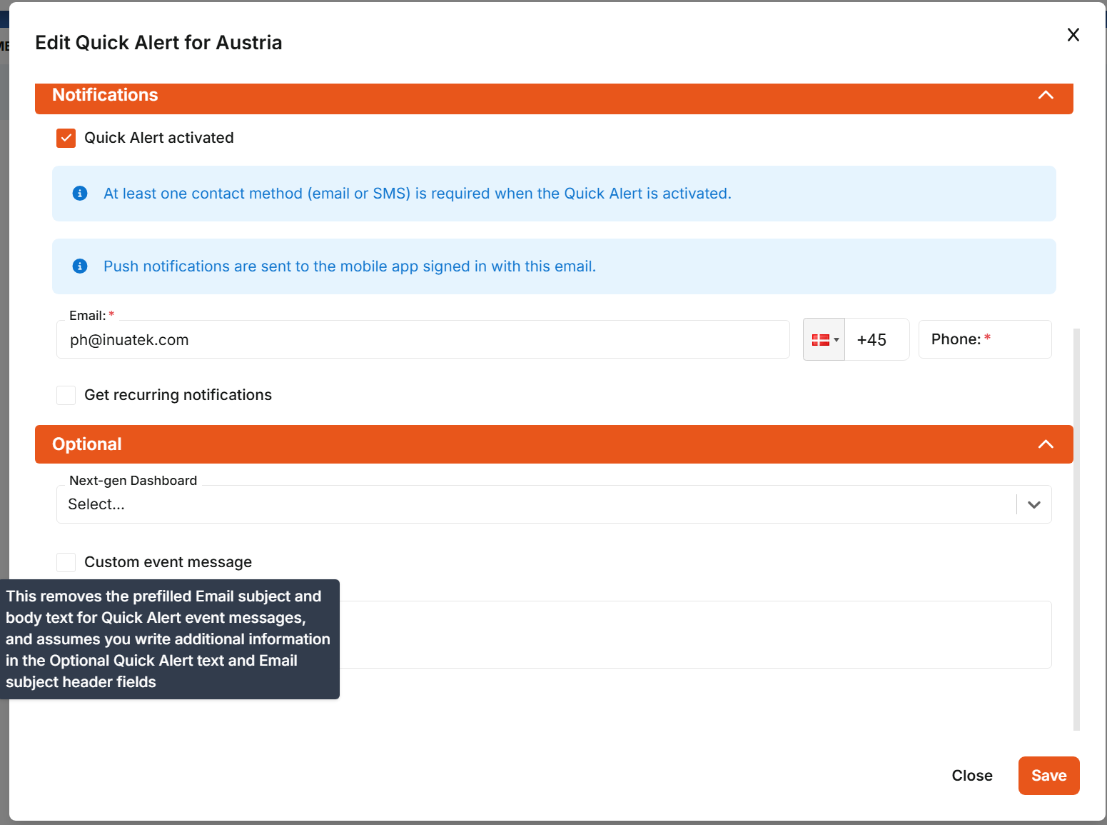 Quick Alert notification and optional settings