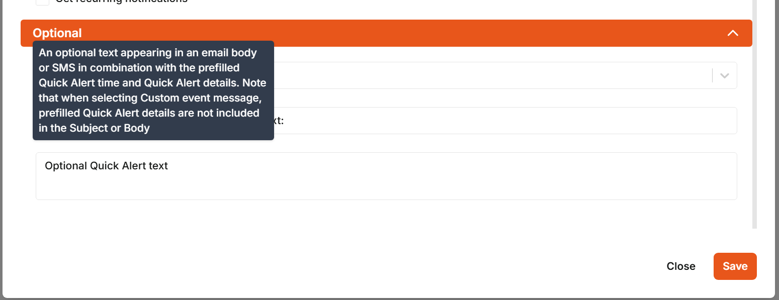 Optional Quick Alert text tooltip