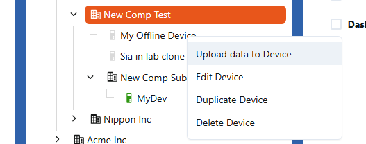 Screenshot: Device context menu showing Upload data to Device