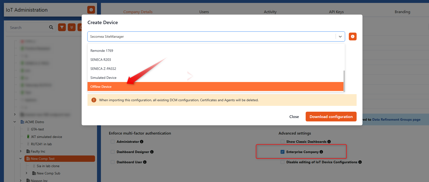 Screenshot: Enterprise company setting enabled