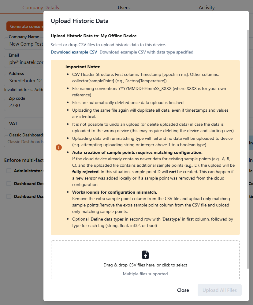Screenshot: Upload Historic Data dialog